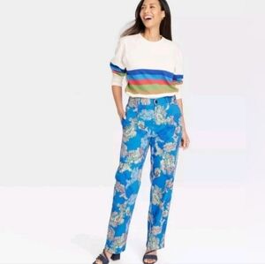 Houston White Adult (Unisex) Floral Chino Pants By  - (Blue Floral), Size M